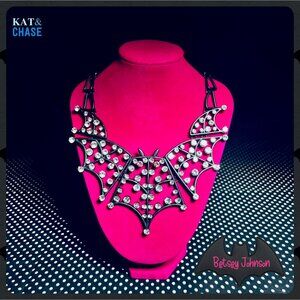 2024 Betsey Johnson Bat Statement Necklace Rhinestone Black Bib Wings Halloween